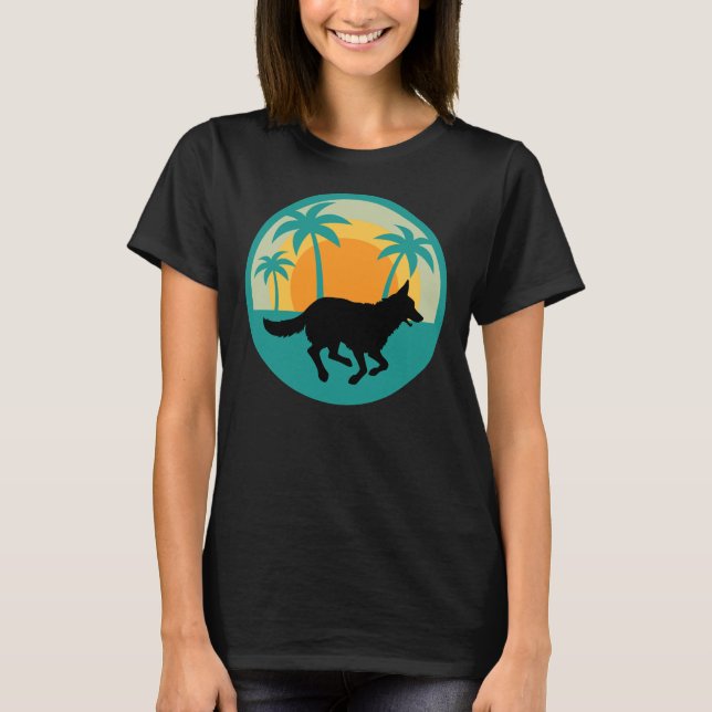 German Shepherd Running Silhouette Blue Palm Trees T-Shirt (Front)