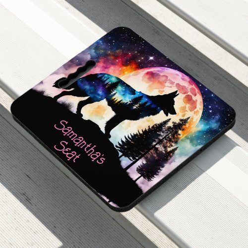 German Shepherd Silhouette Full Moon Mountaintop Seat Cushion