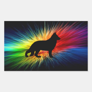 German Shepherd Silhouette on Rainbow Burst Rectangular Sticker