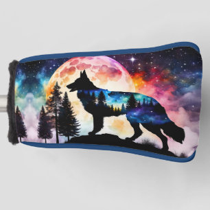 German Shepherd Silhouette on the Mountain Moon  Golf Head Cover