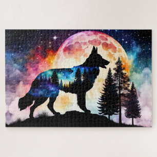 German Shepherd Silhouette on the Mountain Moon Jigsaw Puzzle