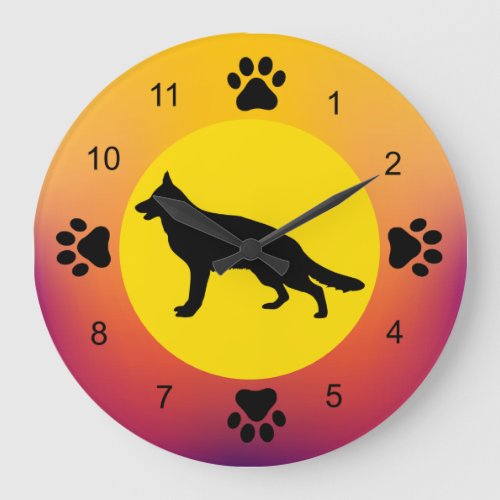 German Shepherd Silhouette Sunset Colors Large Clock