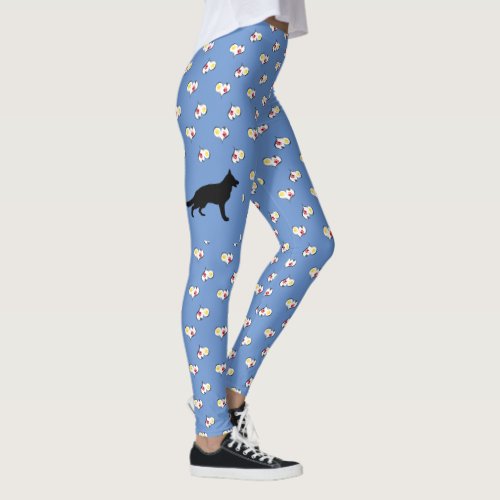 German Shepherd Silhouette with Hearts Blue Leggings