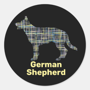 German Shepherd Silhouette Yellow&Black Grid Classic Round Sticker
