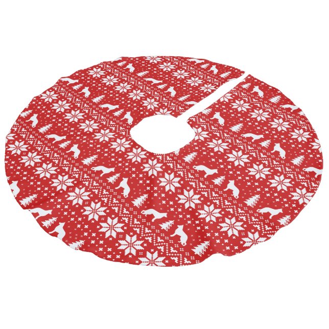 German Shepherd Silhouettes Pattern Red Faux Linen Tree Skirt (Angled)