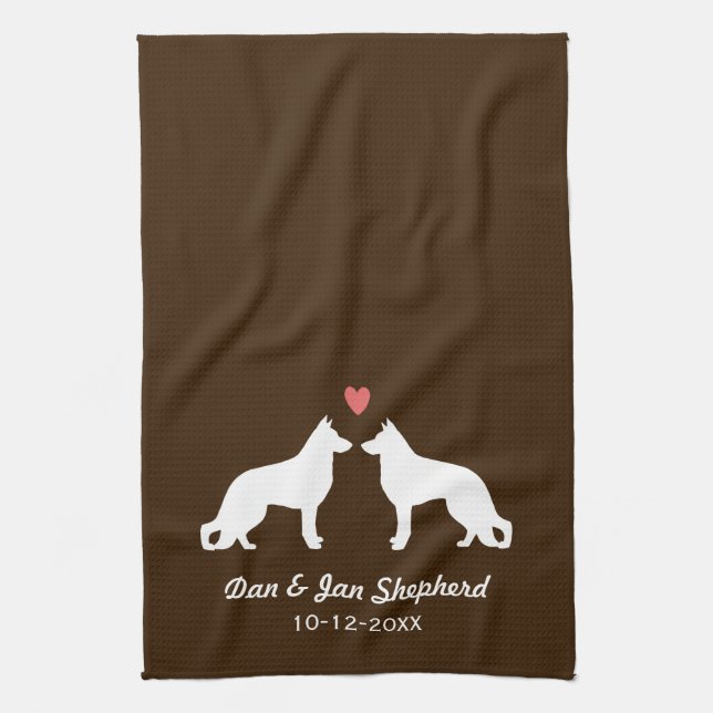 German Shepherd Silhouettes with Heart and Text Kitchen Towel (Vertical)