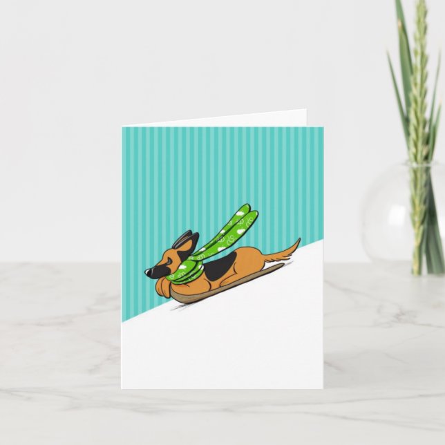 German Shepherd Snow Sled Modern Holiday Card (Front)