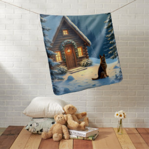 German Shepherd Snowy Forest Cabin Christmas Paint Baby Blanket