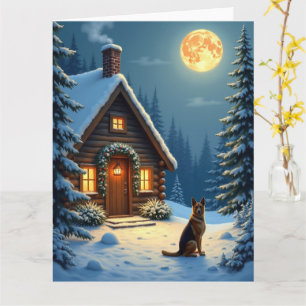 German Shepherd Snowy Forest Cabin Christmas Paint Card