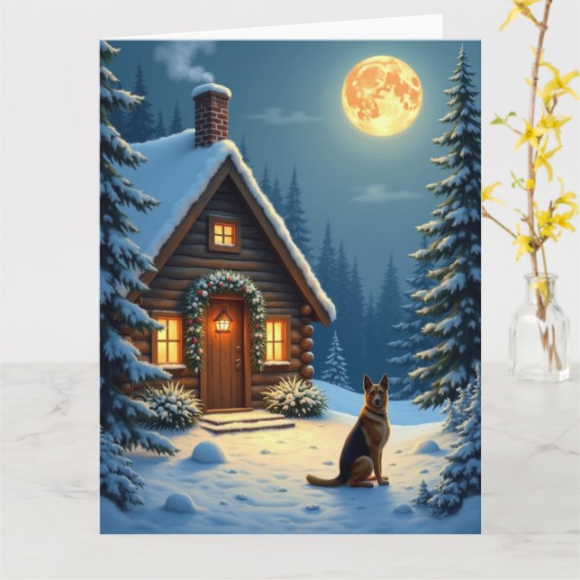 German Shepherd Snowy Forest Cabin Christmas Paint Card (Yellow Flower)