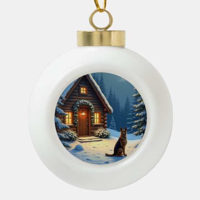 German Shepherd Snowy Forest Cabin Christmas Paint Ceramic Ball Christmas Ornament (Front)