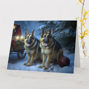 German Shepherd Snowy Sleigh Christmas Decor Card