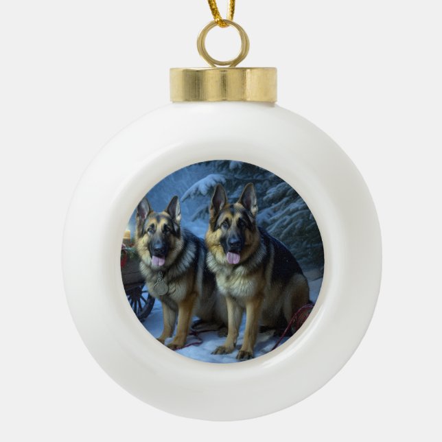 German Shepherd Snowy Sleigh Christmas Decor  Ceramic Ball Christmas Ornament (Front)