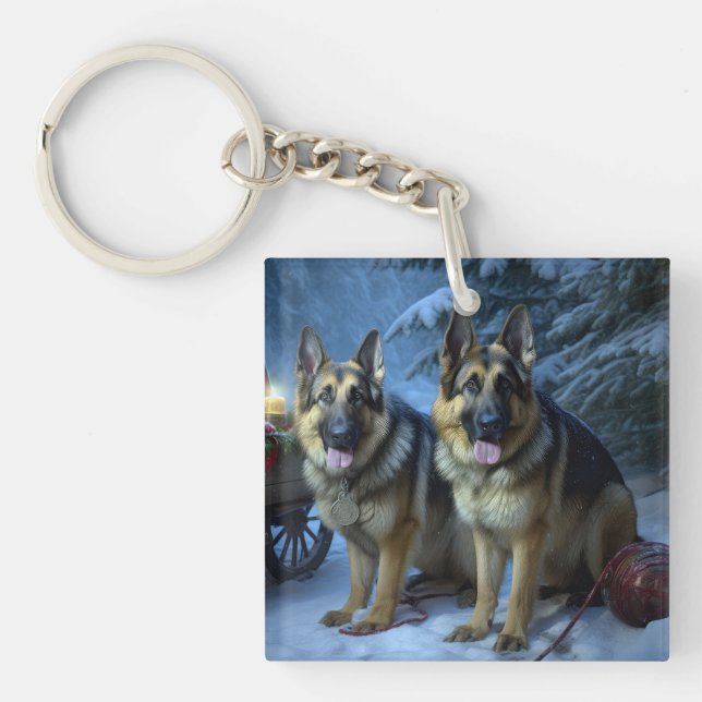 German Shepherd Snowy Sleigh Christmas Decor  Keychain (Front)