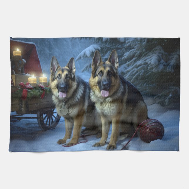 German Shepherd Snowy Sleigh Christmas Decor  Kitchen Towel (Horizontal)