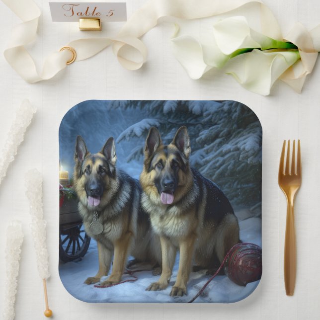 German Shepherd Snowy Sleigh Christmas Decor  Paper Plates (Wedding)