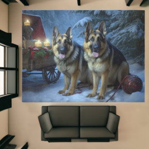 German Shepherd Snowy Sleigh Christmas Decor Rug