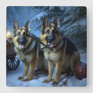 German Shepherd Snowy Sleigh Christmas Decor Square Wall Clock