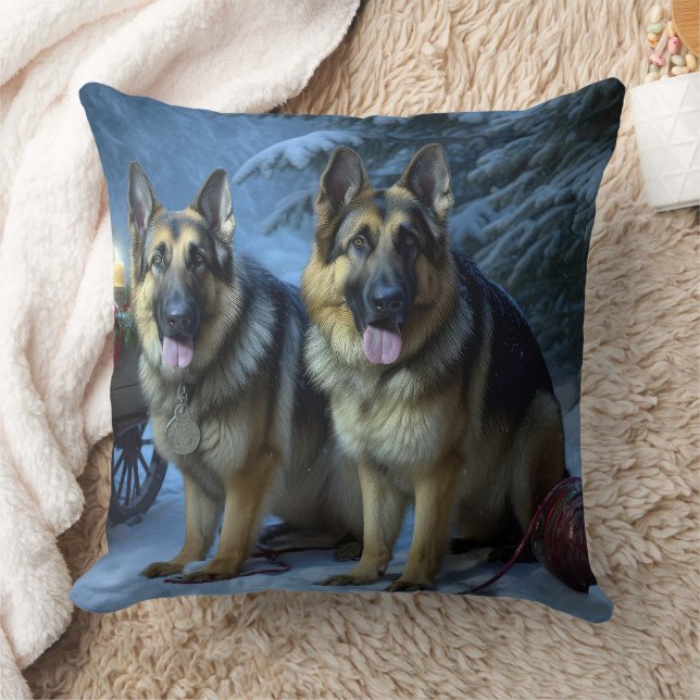 German Shepherd Snowy Sleigh Christmas Decor   Throw Pillow (Blanket)