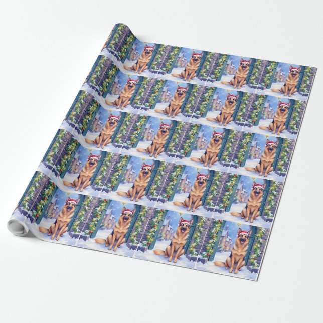 German Shepherd Snowy Town Gate Santa Christmas Wrapping Paper (Unrolled)