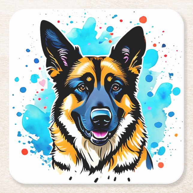 German Shepherd Splash  Square Paper Coaster (Front)