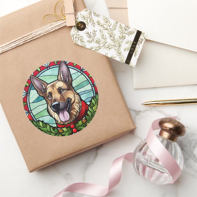 German Shepherd Stained Glass Christmas Classic Round Sticker (Gifting)