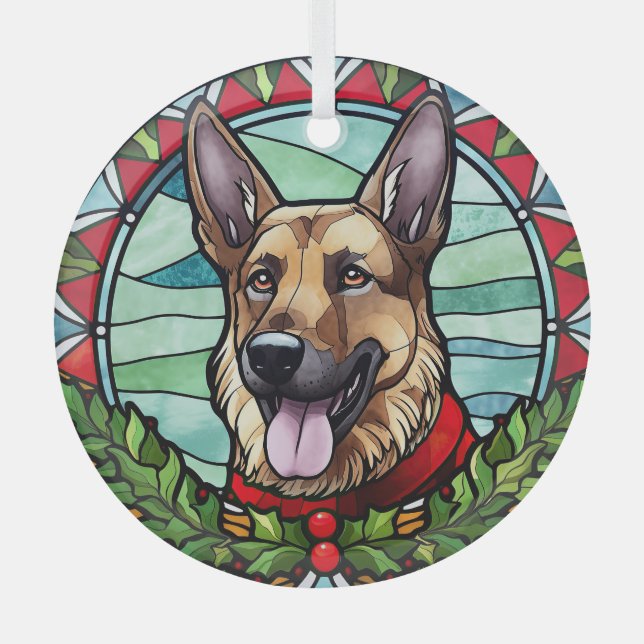 German Shepherd Stained Glass Christmas Glass Ornament (Front)