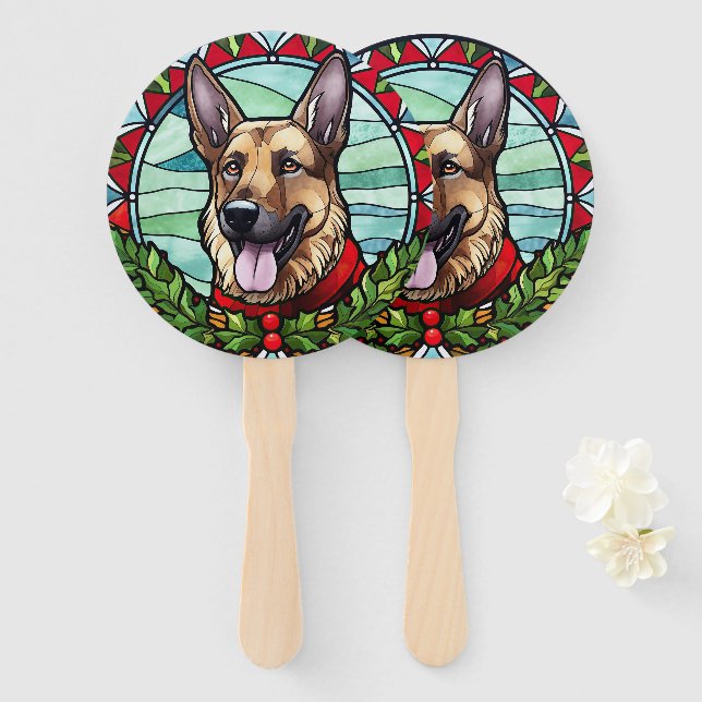 German Shepherd Stained Glass Christmas Hand Fan (Front and Back)