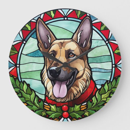 German Shepherd Stained Glass Christmas Large Clock