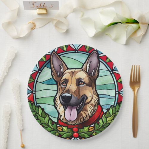 German Shepherd Stained Glass Christmas Paper Plates