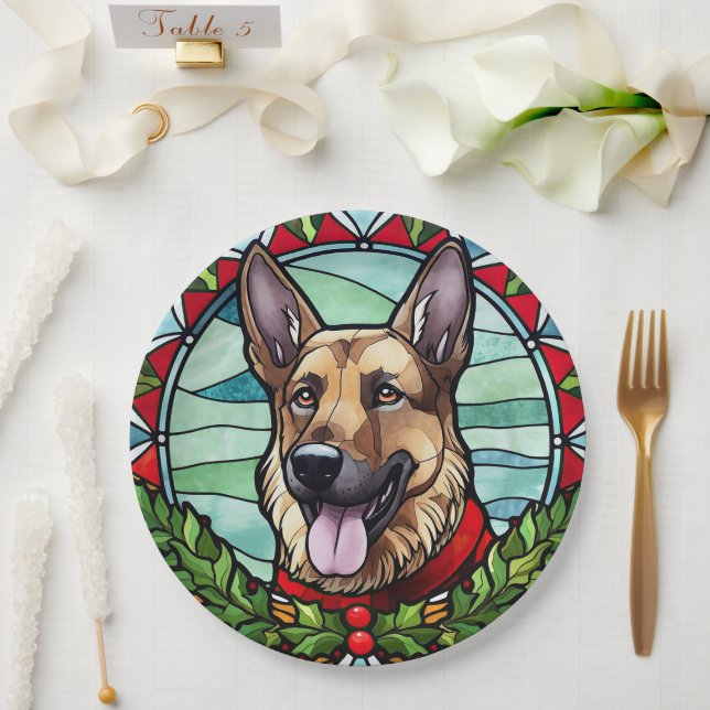 German Shepherd Stained Glass Christmas Paper Plates (Wedding)