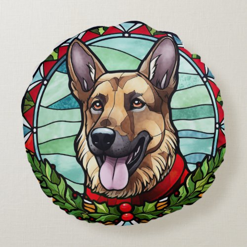 German Shepherd Stained Glass Christmas Round Pillow