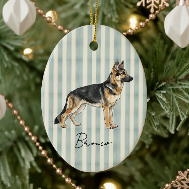 German Shepherd Stripe Christmas Ceramic Ornament (Celebrate the holidays with this timeless, vintage striped pet portrait! )