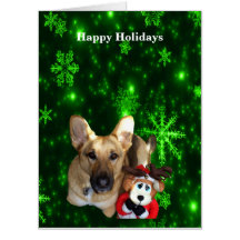 German Shepherd, Toy Reindeer, Green Snowflakes