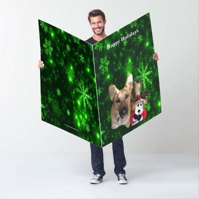 German Shepherd, Toy Reindeer, Green Snowflakes Card (In Situ)