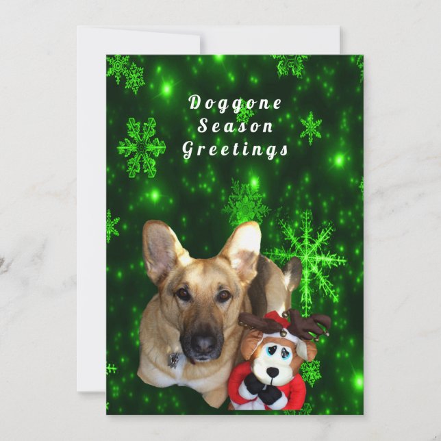 German Shepherd, Toy Reindeer, Green Snowflakes Holiday Card (Front)