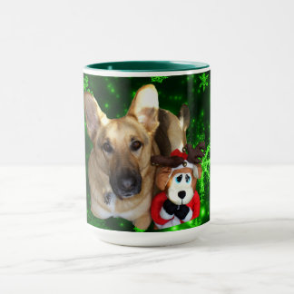 German Shepherd Toy Reindeer Green Snowflakes Mug