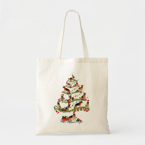 German shepherd tree christmas candy cane ornament tote bag