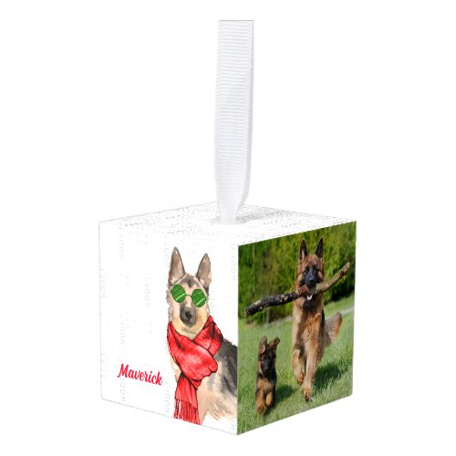 German Shepherd Two Photo and Name Christmas Cube Ornament