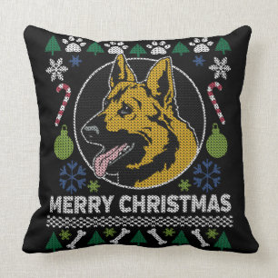 German Shepherd Ugly Christmas Sweater Dog Design Throw Pillow