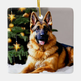 German Shepherd Under Christmas Tree Ceramic Ornament