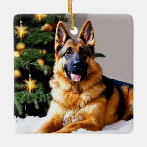German Shepherd Under Christmas Tree Ceramic Ornament