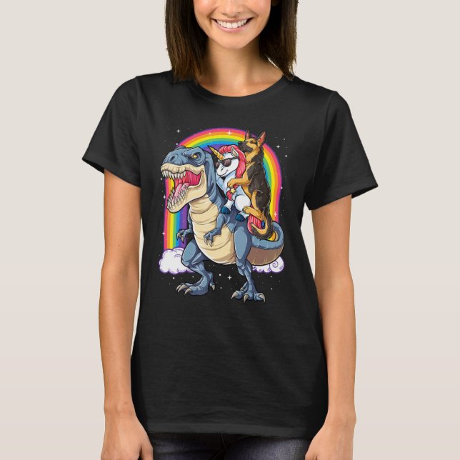 German Shepherd Unicorn Riding Dinosaur Rex Girls T-Shirt (Front)