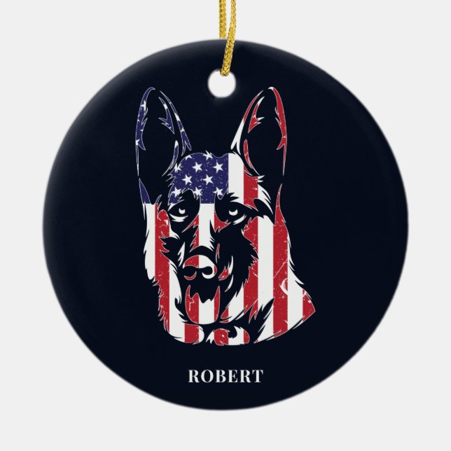 German Shepherd USA Flag Custom Ceramic Ornament (Front)