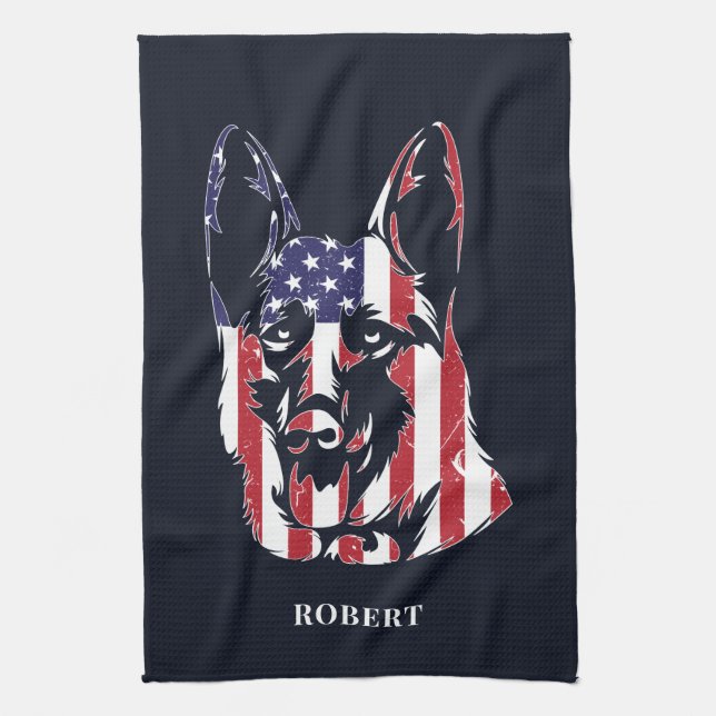 German Shepherd USA Flag Custom Kitchen Towel (Vertical)