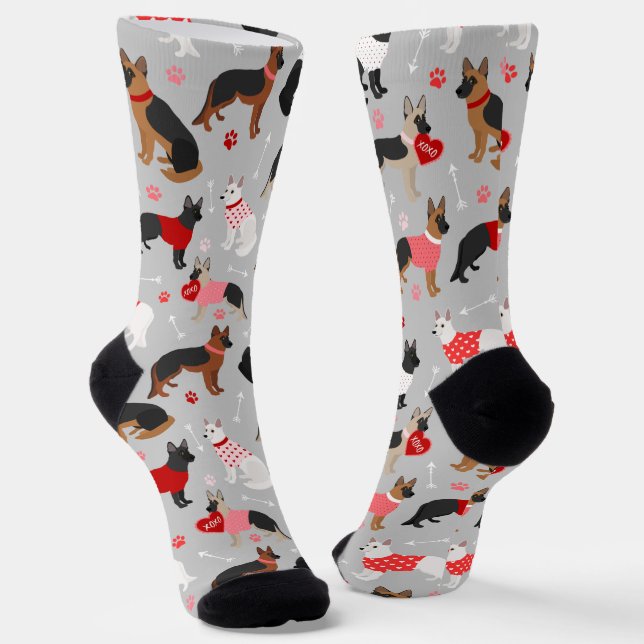 German Shepherd Valentine Pattern Socks (Angled)