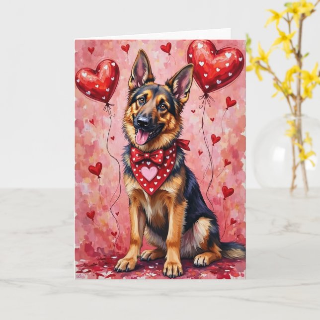 German Shepherd Valentine’s Day Dog with Hearts Card (Yellow Flower)