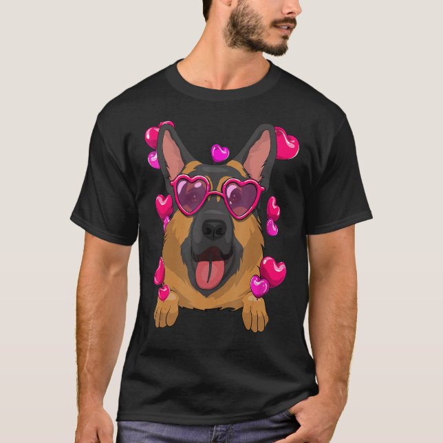 German Shepherd Valentines Day Heart Glasses Funny T-Shirt (Front)