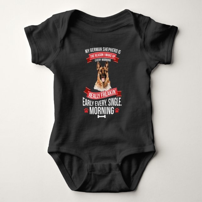 German Shepherd Wake Up Early Morning Baby Bodysuit (Front)