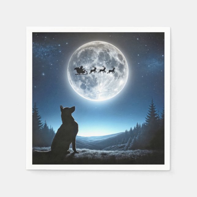 German Shepherd Watching Santa Claus and Reindeer Napkins (Front)